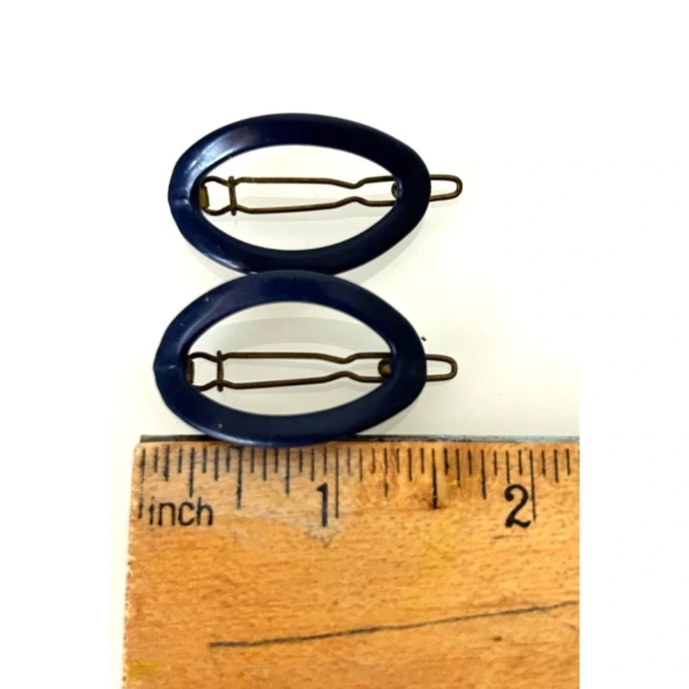 Vintage France Navy Oval Hair Clips Matching Pair 1970s Mod Open Barrette Set